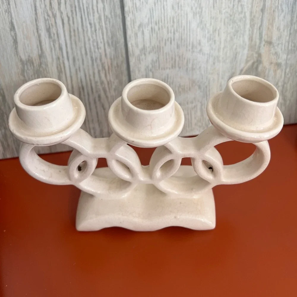 Vintage Japan Ceramic Triple Taper Candle Holder‎ Cream Interlocking Rings 4.5